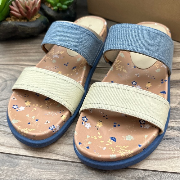 NIB Lucky Brand Paimee Double Two Strap Slide Sandal Stucco/Acid Denim 8M - Picture 3 of 12